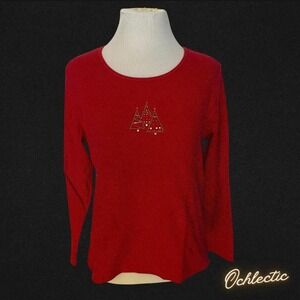 arolyn Taylor red long sleeve shirt with bejeweled Christmas tree on the front.
